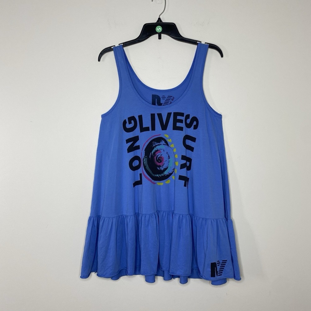 Rebel Yell Graphic Tank Dress Blue Ruffle Hem Made In USA Womens Small Oversized